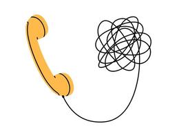 Hand drawn cute cartoon illustration of retro phone handset with tangled cord. Flat old receiver sticker in doodle style. Difficult conversation icon. Dispute, misunderstanding. Isolated. vector