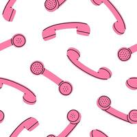 Hand drawn cute cartoon seamless pattern with pink retro phone handset. Flat old telephone with dial print in colored doodle style. Call device receiver background, wrapping or wallpaper. vector