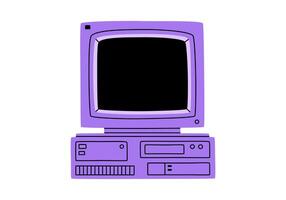 Hand drawn cute cartoon illustration of retro computer. Flat old pc sticker in colored doodle style. Vintage office or programmer device icon or print. Information technology. Isolated. vector