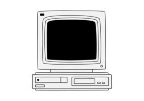 Hand drawn cute cartoon illustration of retro computer. Flat old pc sticker in colored doodle style. Vintage office or programmer device icon or print. Information technology. Isolated. vector