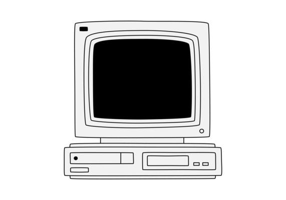 Hand drawn cute cartoon illustration of retro computer. Flat old pc sticker in colored doodle style. Vintage office or programmer device icon or print. Information technology. Isolated.