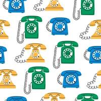 Hand drawn cute cartoon seamless pattern with retro wired phones. Flat old telephone with dial rotary print in colored doodle style. Call device background, wrapping or wallpaper. vector