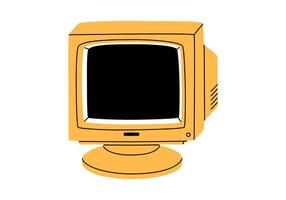 Hand drawn cute cartoon illustration of retro pc monitor. Flat old computer sticker in colored doodle style. Vintage office or programmer device icon or print. Information technology. Isolated. vector