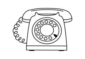 Hand drawn cute outline illustration of blue retro wired phone. Flat old telephone with dial sticker in simple line art doodle style. Call device icon or print. Isolated on white background. vector