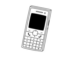 Hand drawn cute outline illustration of retro cell mobile phone. Flat old mobile telephone with buttons sticker in line art doodle style. Call device icon or print. Isolated on white background vector