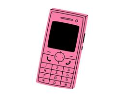 Hand drawn cute cartoon illustration of retro cell mobile phone. Flat old mobile telephone with buttons sticker in colored doodle style. Call device icon or print. Isolated on white background. vector