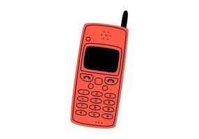 Hand drawn cute cartoon illustration of retro cell mobile phone. Flat old mobile telephone with antenna sticker in colored doodle style. Call device icon or print. Isolated on white background. vector