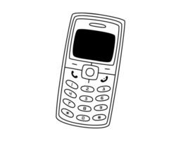 Hand drawn cute outline illustration of retro cell mobile phone. Flat old mobile telephone with buttons line art sticker in doodle style. Call device icon or print. Isolated on white background vector