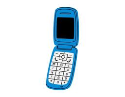 Hand drawn cute cartoon illustration of retro cell flip mobile phone. Flat old mobile telephone with buttons sticker in colored doodle style. Call device icon or print. Isolated on background. vector