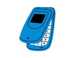 Hand drawn cute cartoon illustration of retro cell flip mobile phone. Flat old mobile telephone with buttons sticker in colored doodle style. Call device icon or print. Isolated on background. vector