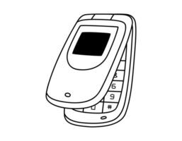 Hand drawn cute outline illustration of retro cell flip mobile phone. Flat old mobile telephone with buttons sticker in line art doodle style. Call device icon or print. Isolated on background. vector