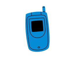 Hand drawn cute cartoon illustration of retro cell flip mobile phone. Flat old mobile telephone with buttons sticker in colored doodle style. Call device icon or print. Isolated on background. vector