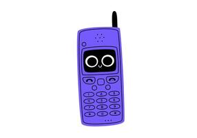 Hand drawn cute cartoon illustration of retro cell mobile phone character. Flat old mobile telephone mascot with antenna sticker in doodle style. Call device with face icon or print. Isolated. vector