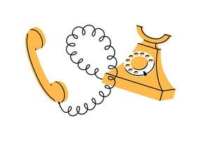 mano dibujado linda dibujos animados ilustración de retro cableado teléfono. plano antiguo teléfono aceptar el llamada pegatina en de colores garabatear estilo. línea directa hacer un llamar. recoger arriba el teléfono icono o impresión. aislado. vector
