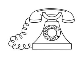 Hand drawn cute outline illustration of blue retro wired phone. Flat old telephone with dial sticker in simple line art doodle style. Call device icon or print. Isolated on white background. vector