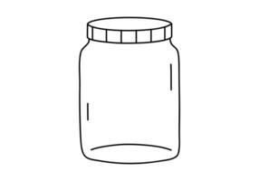 Hand drawn cute cartoon illustration of outline empty jar. Flat glass container with lid sticker in line art doodle style. Kitchen storage glassware icon or print. Isolated on white background. vector