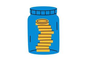Hand drawn cute cartoon illustration of colored jar with coins. Flat moneybox for savings sticker in doodle style. Financial literacy or bank deposit icon or print. Financial cushion. Isolated. vector