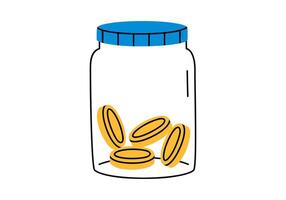Hand drawn cute cartoon illustration of outline jar with coins. Flat moneybox for savings sticker in doodle style. Financial literacy or bank deposit icon or print. Financial cushion. Isolated. vector