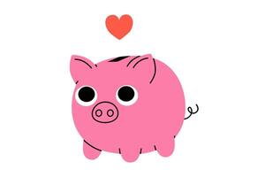 mano dibujado linda dibujos animados ilustración de pone corazón dentro cerdito banco. plano caja de dinero para caridad donación pegatina en garabatear estilo. San Valentín día fiesta romántico mascota. dar amor. aislado. vector