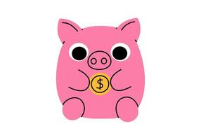 Hand drawn cute cartoon illustration of piggy bank holding coin. Flat moneybox character for savings sticker in colored doodle style. Financial investment or bank deposit icon, print. Isolated. vector