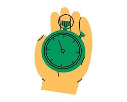 Hand drawn cute illustration hand holding timer clock. Flat time measurement device in doodle style. Stopwatch sticker. Deadline, limited in time. Time management. Sticking schedule. Isolated. vector