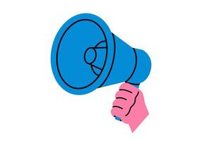 Hand drawn cute cartoon illustration hand with megaphone or loudspeaker. Flat promotion, advertisement sticker in doodle style. News alert icon. Communication speaker. Social protest. Isolated. vector