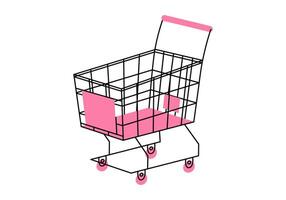 Hand drawn cute cartoon illustration of empty shopping cart. Flat store purchase container sticker in colored doodle style. Grocery market or e-commerce icon with outline. Isolated. vector
