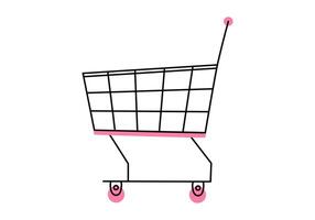 Hand drawn cute cartoon illustration of empty shopping cart side view. Flat store purchase container sticker in colored doodle style. Grocery market or e-commerce icon with outline. Isolated. vector