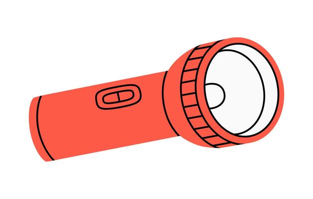 Hand drawn cute cartoon illustration of camping flashlight. Flat outdoor light equipment sticker in colored doodle style. Tourism pocket torch icon with outline. Adventure, hiking. Isolated.