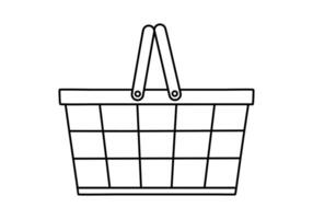 Hand drawn cute outline illustration of empty shopping basket side view. Flat store purchase container sticker in line art doodle style. Grocery market or e-commerce icon with outline. Isolated vector