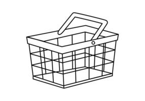 Hand drawn cute outline illustration of empty shopping basket. Flat store purchase container sticker in line art doodle style. Grocery market or e-commerce icon with outline elements. Isolated. vector