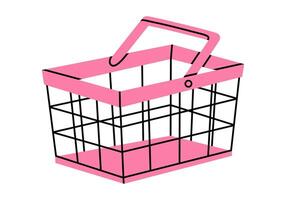 Hand drawn cute cartoon illustration of empty shopping basket. Flat store purchase container sticker in colored doodle style. Grocery market or e-commerce icon with outline elements. Isolated. vector