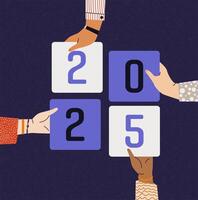 Inscription numbers 2025 on colorful stickers in hands. New year concept. vector