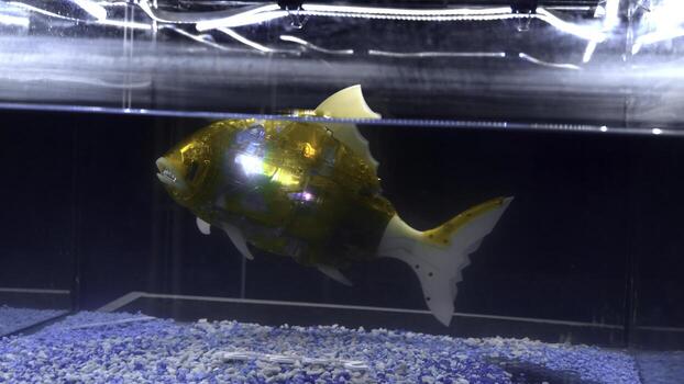 A robot fish in aquarium. Media. Artificial version of robot fish glowing in water. Robot fish with artificial intelligence in aquarium photo