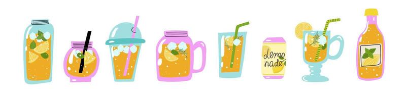 Lemonade in jar and jug, homemade lemon drink. Refreshing summer beverage set for bar or restaurant menu, yellow juice and straw, ice cube, mint leaf, rosemary twig. vector