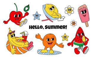 Fruit retro funky characters. Comic mascot of cherry banana watermelon flower ice cream orang lemon with happy smile face. vector