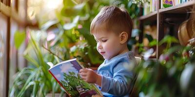 cute child with short hair is reading colorful picture books, photo