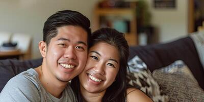 portrait of a happy young Asian couple smiling, photo