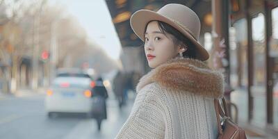 beautiful Chinese girl wearing an off-white woolen sweater with a brown fur collar, photo