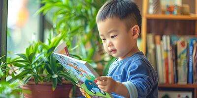 cute child with short hair is reading colorful picture books, photo