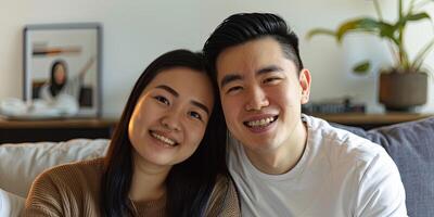 portrait of a happy young Asian couple smiling, photo