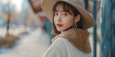 beautiful Chinese girl wearing an off-white woolen sweater with a brown fur collar, photo