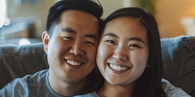 portrait of a happy young Asian couple smiling, photo