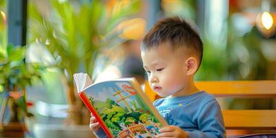 cute child with short hair is reading colorful picture books, photo