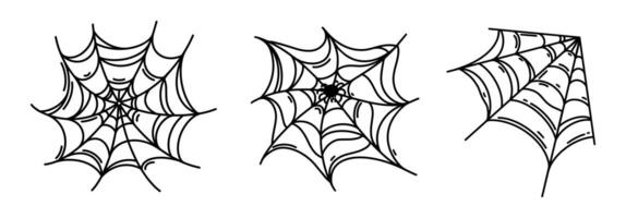 Spider web icon set. A thin web with an arachnid inside, a corner web. Gothic Halloween decoration, scary sticky trap. Black and white outline, hand drawn sketch. Hanging symbol of fear vector