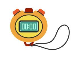 Stopwatch icon. Electronic yellow watch on a string, with red buttons and a screen. Digital tool for measuring time, competitions, training, running. Timer with numbers, device for sports vector