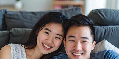 portrait of a happy young Asian couple smiling, photo