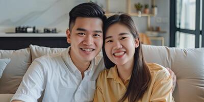 portrait of a happy young Asian couple smiling, photo