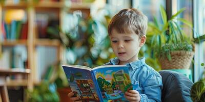 cute child with short hair is reading colorful picture books, photo