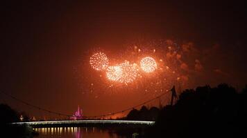 The colorful and beautiful fireworks show with the dark sky as background at night photo